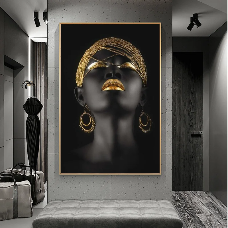 

African Sexy Woman Canvas Art Posters And Prints Black Girls with Golden Headdress Canvas Paintings On the Wall Art Pictures
