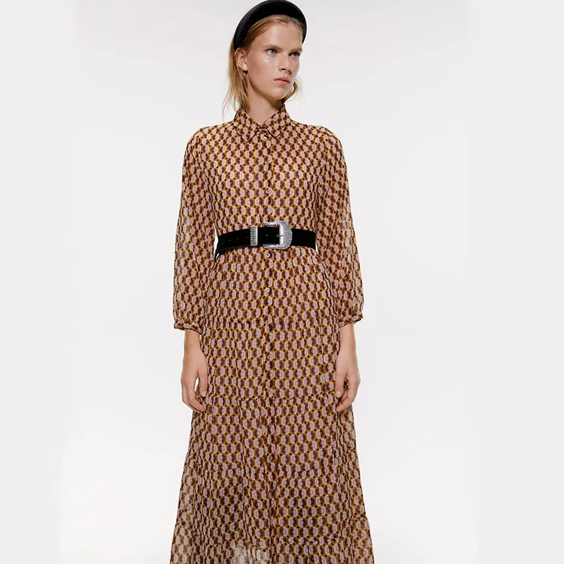 

Trendy 2019 Korean ZA Print Dress For Women Bohemian Autumn/Summer Turn-Down Collar Dress Beach Party Friendship Girls Gifts