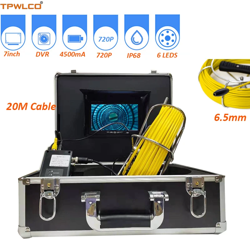 

1000TVL 720P 6,5 мм контрольной трубчатой Камера 7 дюймов Экран видео Водонепроницаемый промышленный Системы 8 Гб SD карты с DVR 20 м кабель