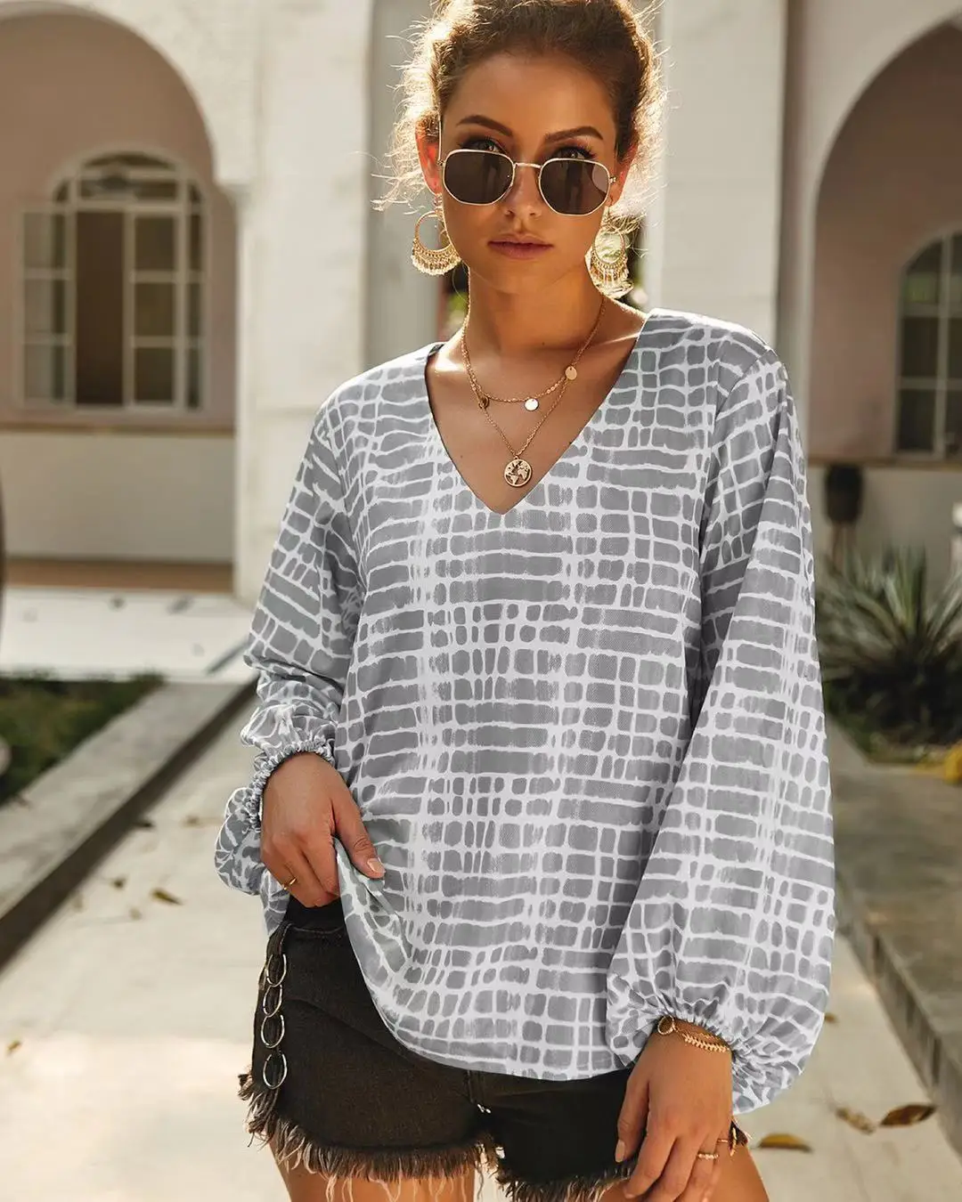 Fashion Women Casual V-neck Long Sleeve Cotton Linen Grain Vintage Autumn Shirt Loose Comfort Top New Women