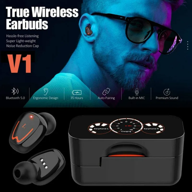 V1 TWS Bluetooth Earphone V5 0 EDR Sport Earbuds Wireless Noise Cancelling Bluetooth Earphone IPX7 Waterproof With Charging Case