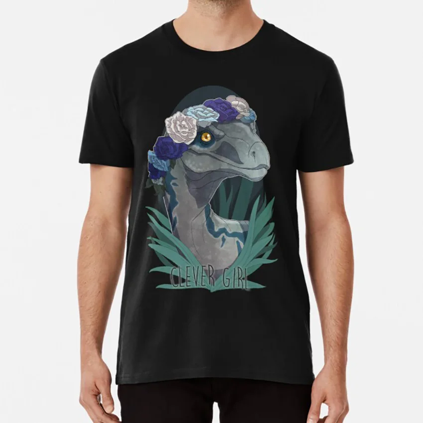 Intelligent Girl - Blue T Shirt Dinosaur Velociraptor Raptor Fanart Flower Crown
