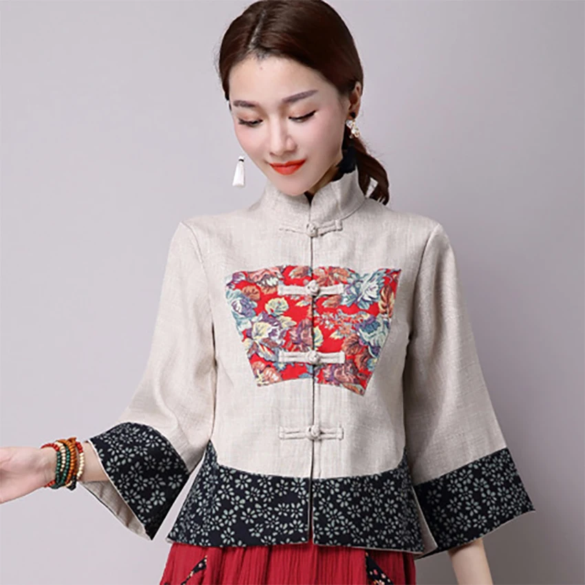 Китайское платье Чонсам с национальным цветочным принтом для женщин, юбка, вышивка, танга, Qipao, льняные элегантные платья с длинным рукавом