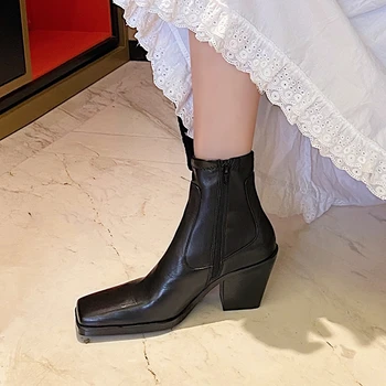 

2020 square Toe Cow Leather Ladies boots Autumn Winter Ankle Boots 7cm Square High Heel Women Shoes high heel boots
