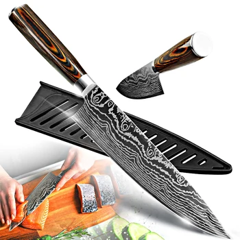 

High Quality 8"Inch Kitchen Knife Damascus Pattern Laser Knife Santoku Stainless Steel Kitchen Knives Cleaver Slicing Chef Knife