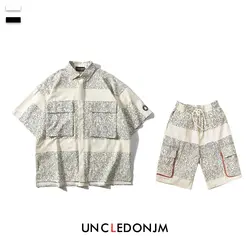 UNCLEDONJM комплект из 2 предметов мужские модные свободные рубашки с геометрическим принтом и короткими рукавами и эластичный шнурок на талии