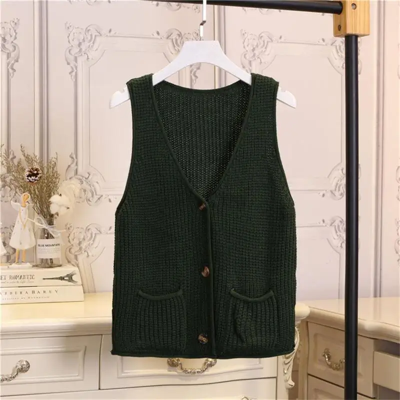 dark green Весна осень вязаный свитер жилет Женский Повседневный кардиган короткий жилет Femme кнопка без рукавов винтажный жилет женские топы - Цвет: dark green