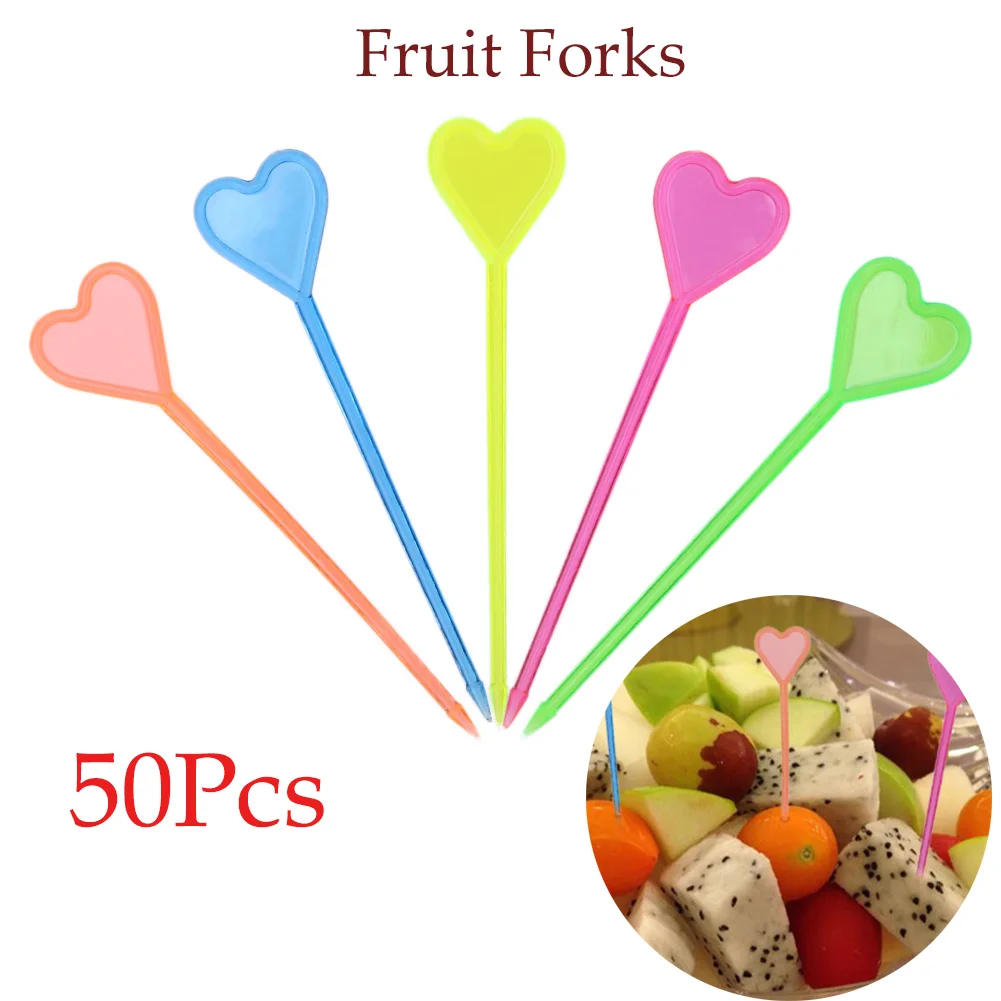 50 uds de plástico desechables horquillas palo comida recoge amor flecha corazón postre fruta tenedores de cocina Bento accesorios Bento recoge