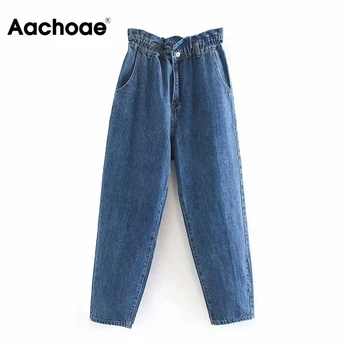 

Aachoae Fashion Elastic High Waist Jeans Women Streetwear Blue Denim Pants Casual Pockets Pleated Mom Jeans Full Length Trousers
