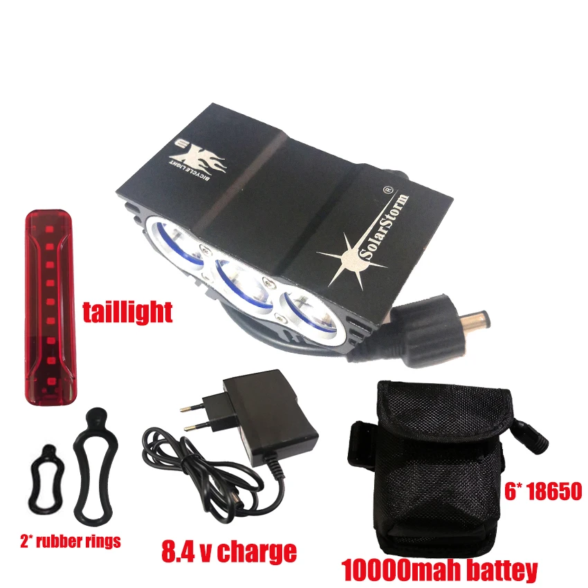 10000Mahx3taillight Solarstorm 3* T6 светодиодный велосипед 4 режимы для велосипеда передний свет велосипедная лампа 7000 люмен fietslamp USB 10000 мАч аккумулятор+ 9 светодиодный фонарь - Цвет: 10000Mahx3taillight