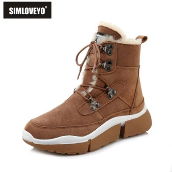 

SIMLOVEYO Women's Ankle Boots Genuine Leather Fur Wool Snow Winter warm Boots Platform Bukle Elastic band Round Toe size 35-39