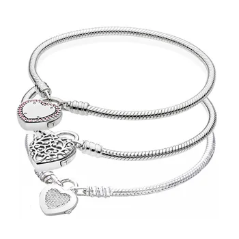 

Moments Lock Your Promise Regal Heart Padlock Snake Chain 925 Sterling Silver Bracelet Fit Fine Bangle Bead Charm Diy Jewelry