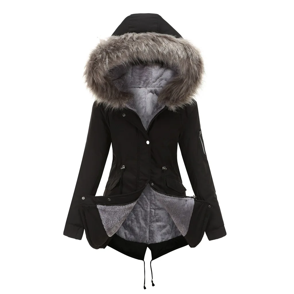 Winter Parker coat mid-length with hooded warm plus fleece fur jacekt women cotton padded coat Parkas solid outerwear adjustable