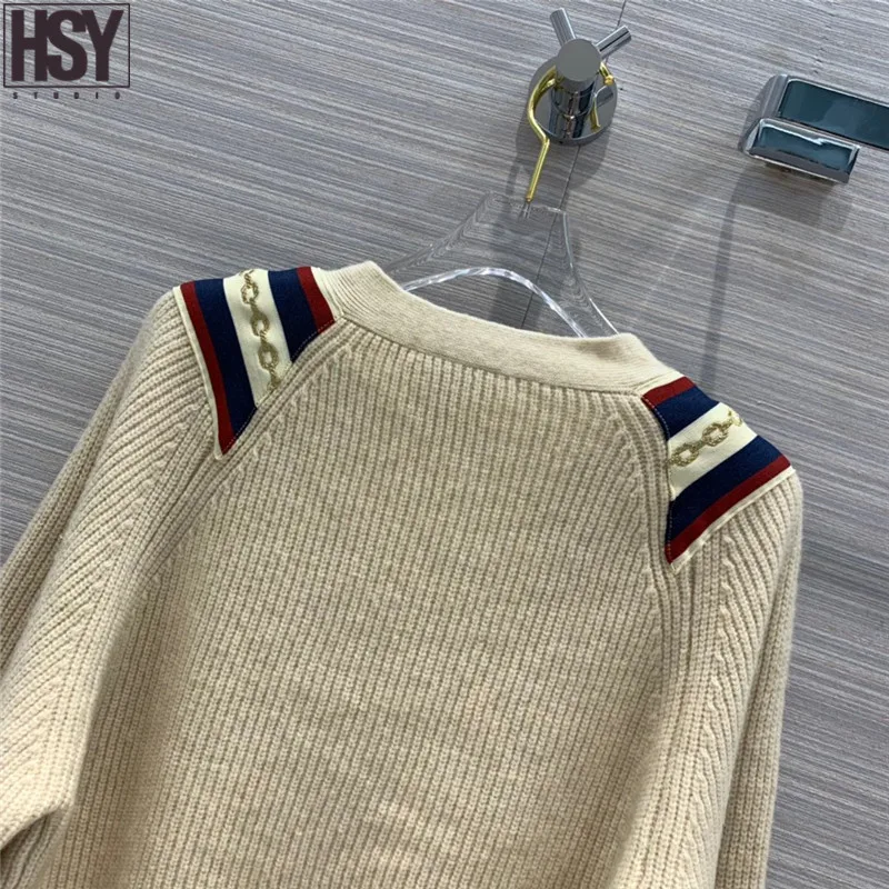 【HSY】 Новинка осени Для женщин свитер в классическом британском стиле Академии Стиль вышивка цепи патч Цвет v-образным вырезом шерстяной пуловер, свитер