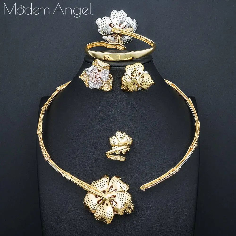 ModemAngel, модный, роскошный, 4 шт., цветок, Африканский, колье, ювелирные наборы для женщин, свадебные, полный кубический циркон, Дубай, Свадебный комплект ювелирных изделий