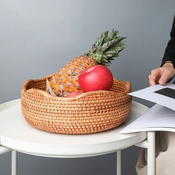 

Handmade Rattan Round Fruit Basket Food Storage Bowl Kitchen Organizer Snack Serving Display Holder