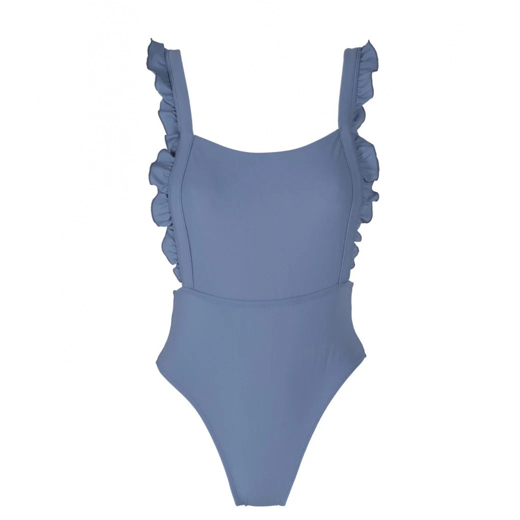 Solid Blue Сексуальный цельный купальник с высокой талией, женский купальник с оборками и высоким горлом,, монокини с открытой спиной и рюшами, женская одежда для плавания, купальный костюм, трикини - Цвет: Solid Blue