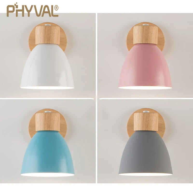 Wooden Nordic Wall Lamp With Switch Modern Wall Sconce For Bedroom Living Room Home Lighting Macaroon 6 Color Steering Head E27