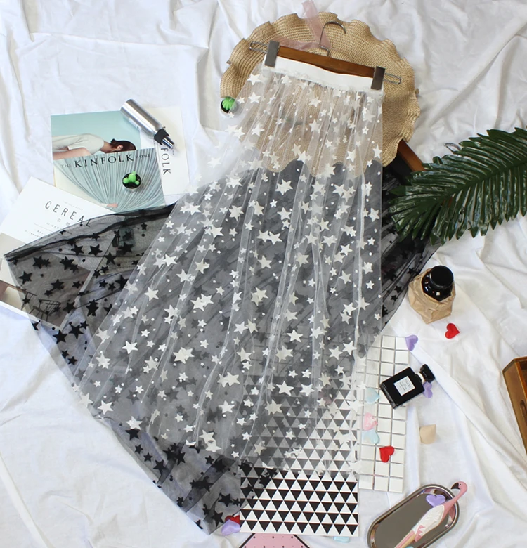 

See Through Female Summer Outside Middle Long Star Dot Pattern 2019 High Waist Skirt Single Layer Skirts Black White Mesh