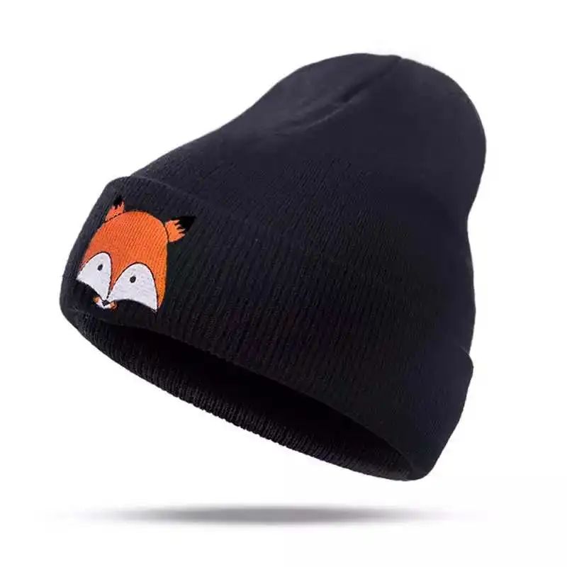 

New Autumn Winter Warm Skullies Hat Fox Embroidery Print Head Bonnet Cap Lady Knitted Cap Women Beanies Ski Gorros Caps