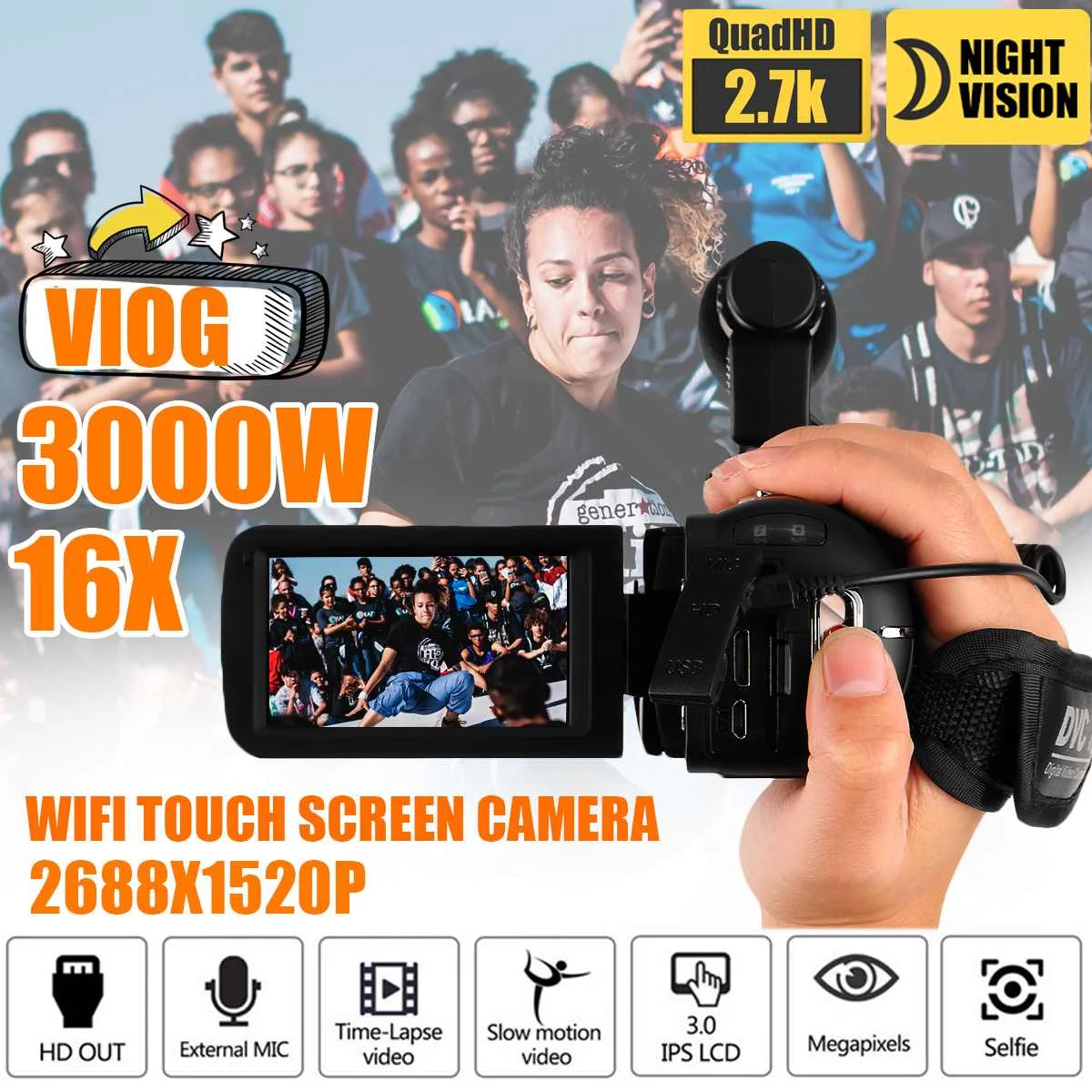 

2.7k Vlog Yutuber Camcorder 30MP 16X 3 inch Touch Screen Super Definition HD Digital Night Vision Camera Professional