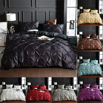 

Luxury Ice Silk Three-Piece Set Solid Color Pinch Pleat Art Work Bedding Set Soft Duvet Cover Quilt Pillowcase Silky Naked