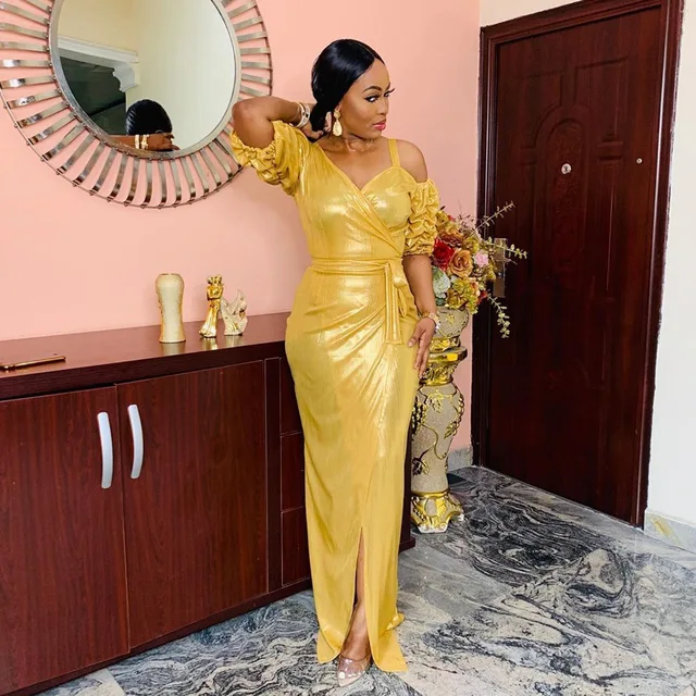 Voke African V Neck Off Shoulder Dress - Image 3