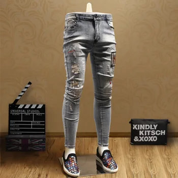 

Fashion Ripped Jeans Men Summer Elastic Letter Embroidery Slim Fit Light Blue Denim Pencil Pants