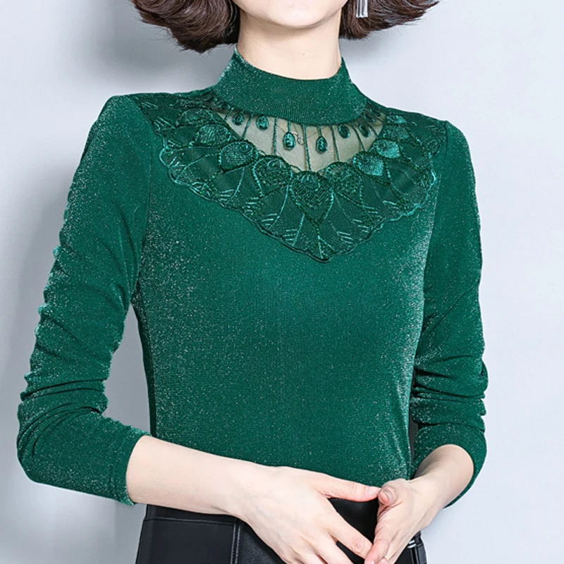 

shintimes Autumn Korean Elegant Blouse Lace Patchwork Bright Yarn Embroidery Ladies Tops Plus Size Shirts Slim Womens Clothes