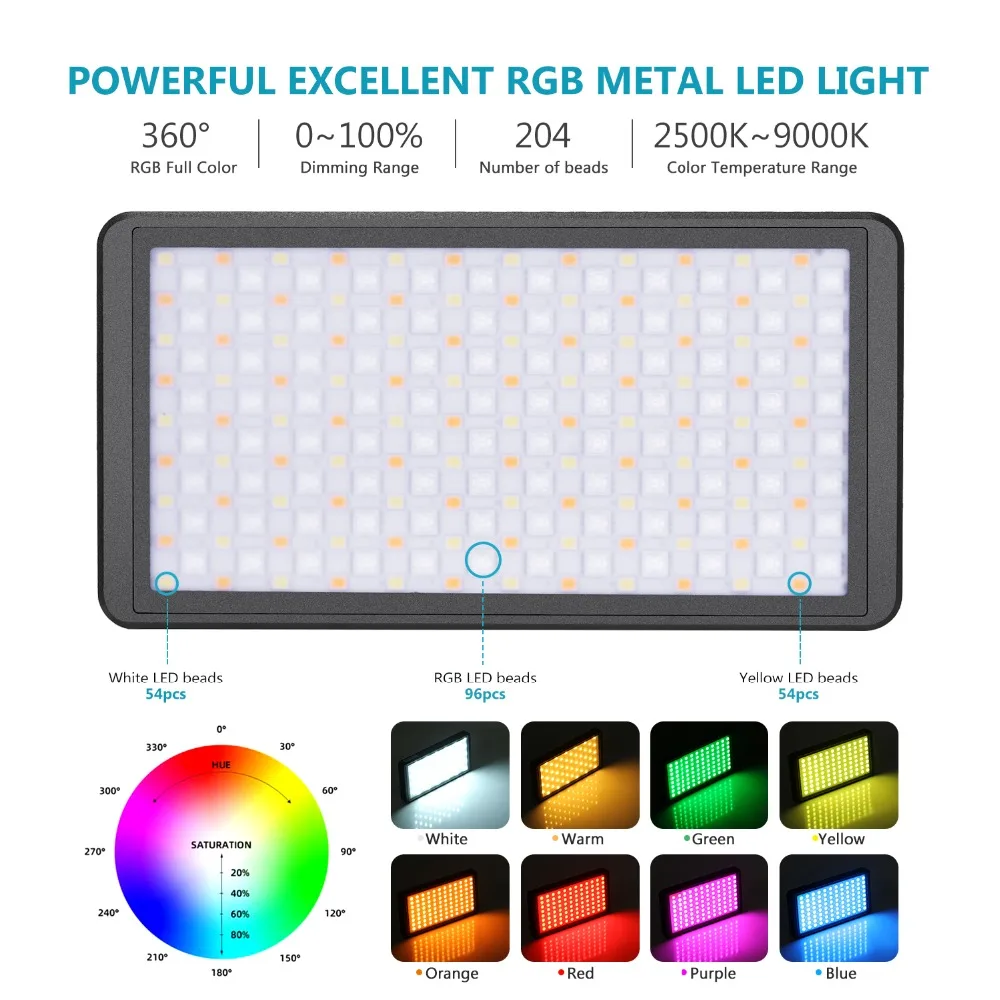 Neewer F7 RGB светодиодный свет для видеокамеры, полноцветный перезаряжаемый карманный размер светодиодный свет CRI97/2500 K-9000 K/0-360