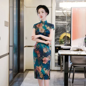 

Blue Plus Size 4XL Rayon Short Chinese Traditional Women Qipao Vintage Oriental Female Cheongsam Novelty Chinese Formal Dress