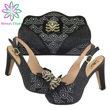 

Sexy Women Shoes and Bag Set Italian Black Color Mature Style Lady Shoes Matching Hand Bag for Wedding