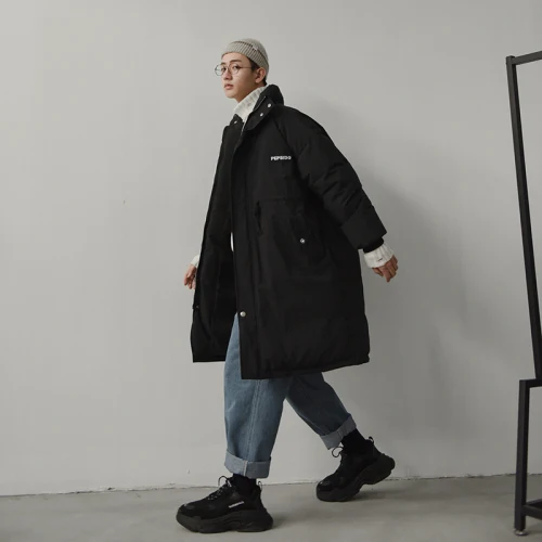 Liketkit, зимняя куртка, мужские парки,, одноцветное, Ретро стиль, свободное, толстое, длинное пальто для мужчин, s, вышивка, талия, шнурок, теплые куртки-пузырь - Цвет: Черный