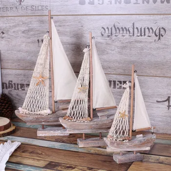 

American handcrafted retro-Mediterranean sailing boat creative wooden boat from the vintage desktop model office