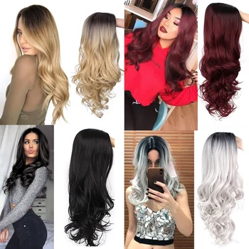Stamped Glorious Natural Wave Wig Ombre Black Brown Wig Synthetic Long Wigs for Women Middle Part Heat Resistant Fiber Hair 4