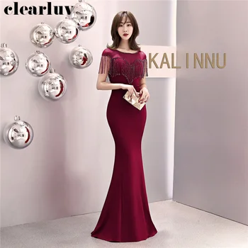 

Short Sleeve Mermaid Dress Robe De Soiree 2020 DX309-1 O-Neck Plus Size Elegant Evening Dresses Burgundy Floor Length Party Gown