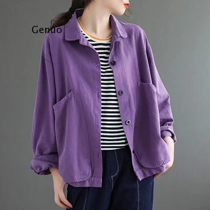 

Cotton Women Autumn Long Sleeve Jackets New Arts Style Vintage Solid Color Female Loose Casual Outerwear Coats