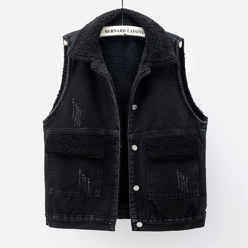 

Autumn Winter New Lambswool Denim Waistcoat Women Big Pockets Sleeveless Jacket Loose Plus Velvet Thick Warm Vest Female H1942