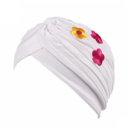 Новая модная заколка-цветок для девочек Вышивка Beanie тюрбаны с рюшками детские милые тюрбан шляпа индийские шапки - Цвет: white