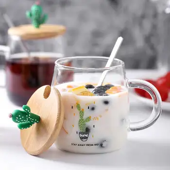 

Creative Cactus Strawberry Pineapple Glass Cup Transparent Milk Cup With Lid&Spoon Home Office Coffee Juice Water Mug Drinkware