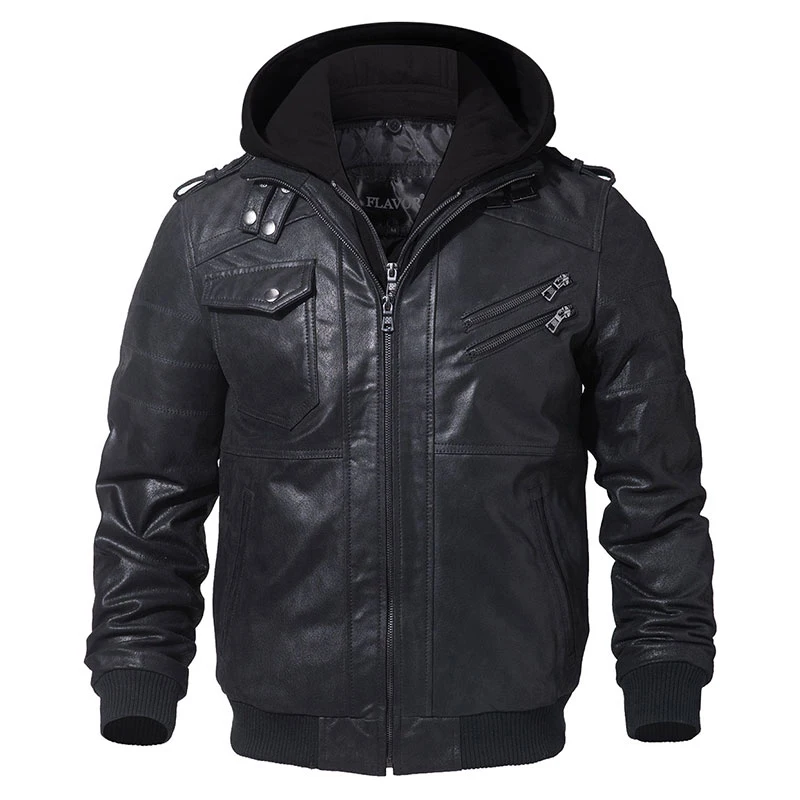 Mens Leather Jacket Men Motorcycle Removable Hood Winter Coat Men Fashion Warm Genuine Leather Jackets Mens Leather Jacket - Цвет: Black Jacket