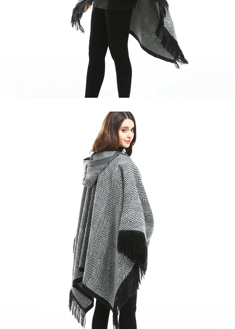 All-Match Winter Women Oversize Knitted Caps Poncho Tassel Thick Sweaters Casual Scarf Batwing Sleeve Jumper Plaid Sleeveless