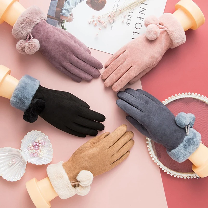 

2020 Suede Right Index Finger Screen Glove Screen Mitts Full Finger Mittens Velvet Thick Women Winter Warm Gloves