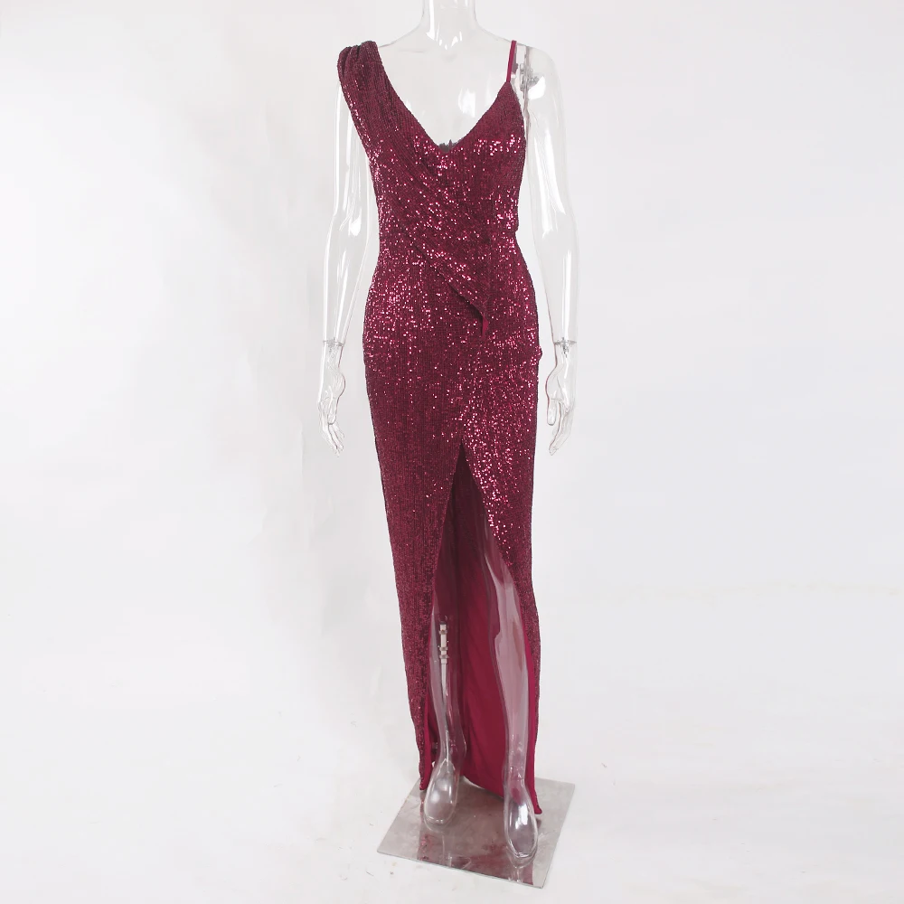 

V Neck One Shoulder Burgundy Sequined Party Dress Sleeveless Split Leg Backless Stretchy Night Club Maxi Dress
