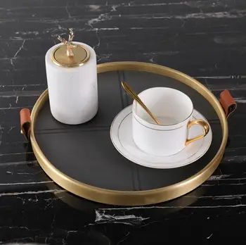 Luxtry Brass Edging Black Leather Round Tray 4