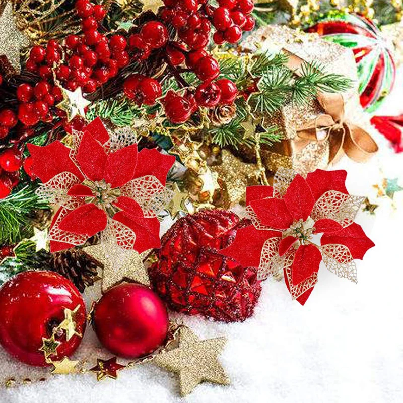 12 шт. Блестящий Poinsettia Рождественский Декор золотой цветок дерево украшения для дома Рождественская елка венок украшения 22 см