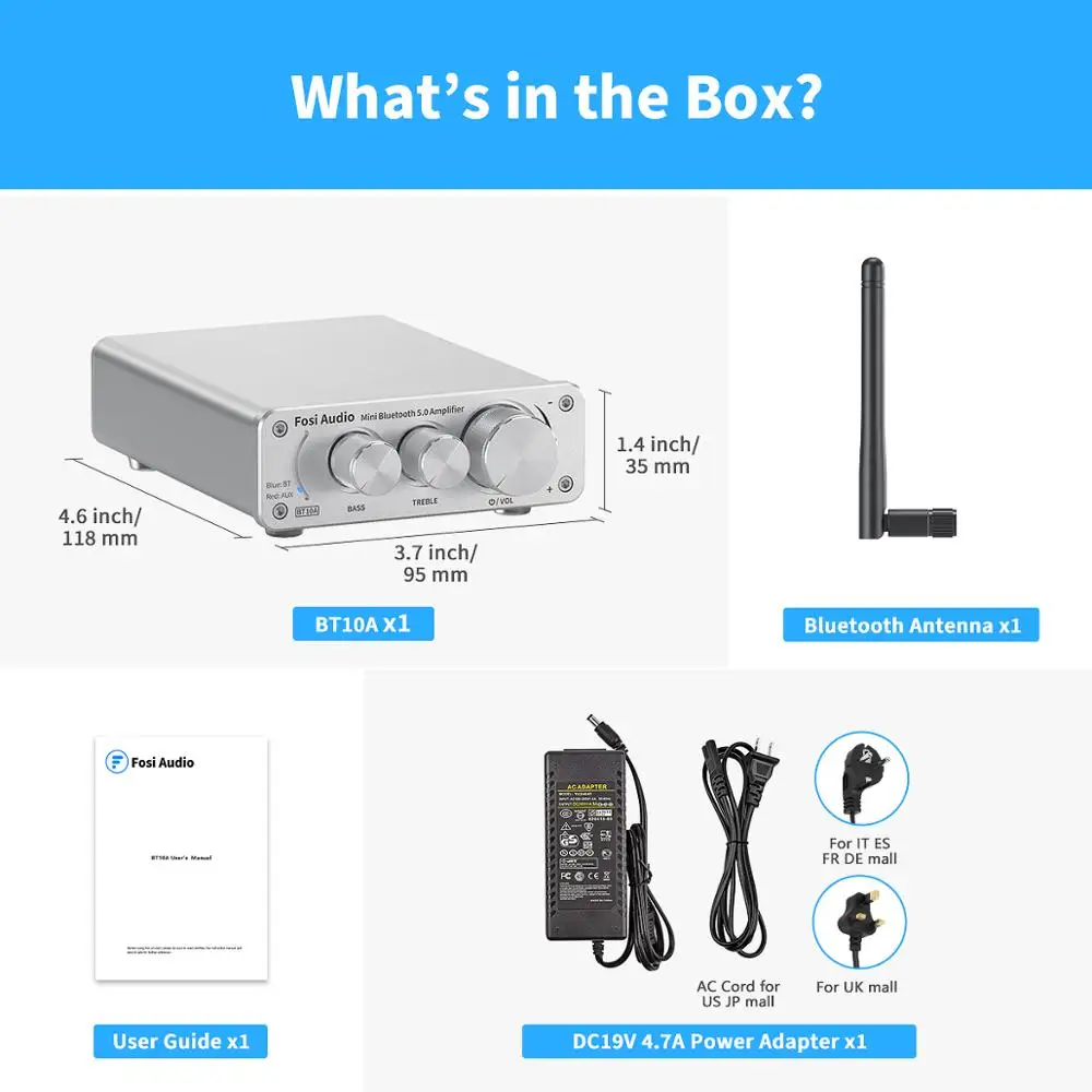 Integrado de Alta Fidelidade para Alto-falantes em Casa Fosi Áudio Bluetooth Amplificador Estéreo Receptor Classe d Mini 50w * 2 Agudos & Graves Bt10a 5.0 - Image 6