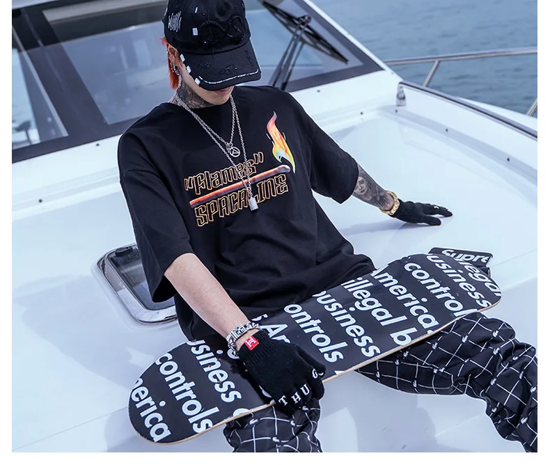 Футболка Harajuku coton manches courtes hauts скейтборд Hommes хип-хоп Футболка уличная одежда allumette feu flamme