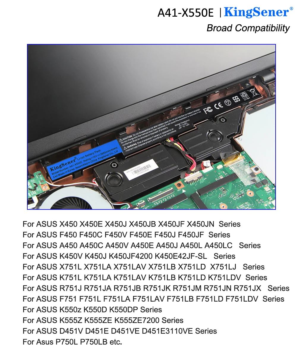 Bateria do Portátil 2950mah para Asus X450 X450e X450j X450jf X751m X751ma X751l X750ja A450j A450jf A450e F450c Kingsener-a41-x550e - Imagem 4