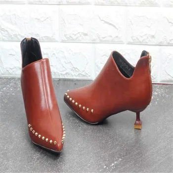 

Small heel boots women's autumn and winter new fine with personality tide European and American style rivets bare boots low heel
